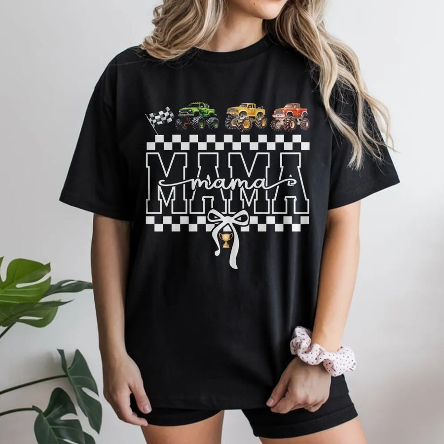 Monster Truck Mama T-Shirt | Racing Checkered Flag Design | Premium 100% Cotton | Fun Boy Mom Gift for Race Day