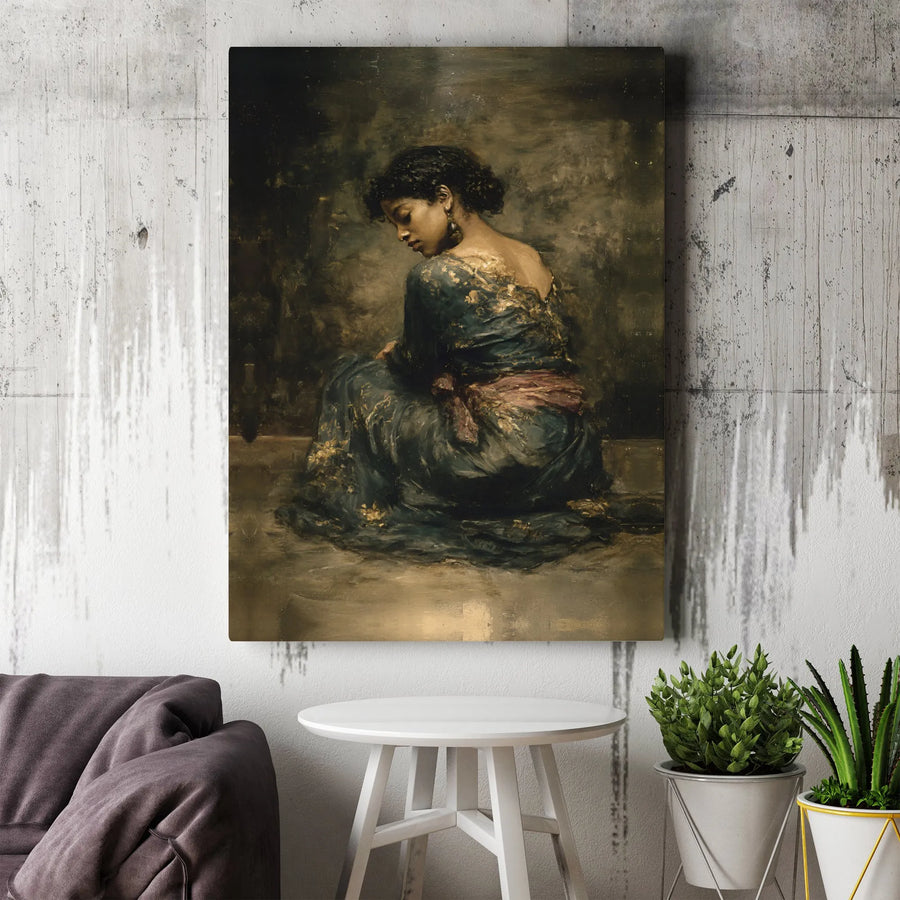 Pensive Woman Oil Painting Canvas | Dark Academia Fine Art Print | 1.25-Inch Gallery Wrap | Elegant Wall Decor for Home Office