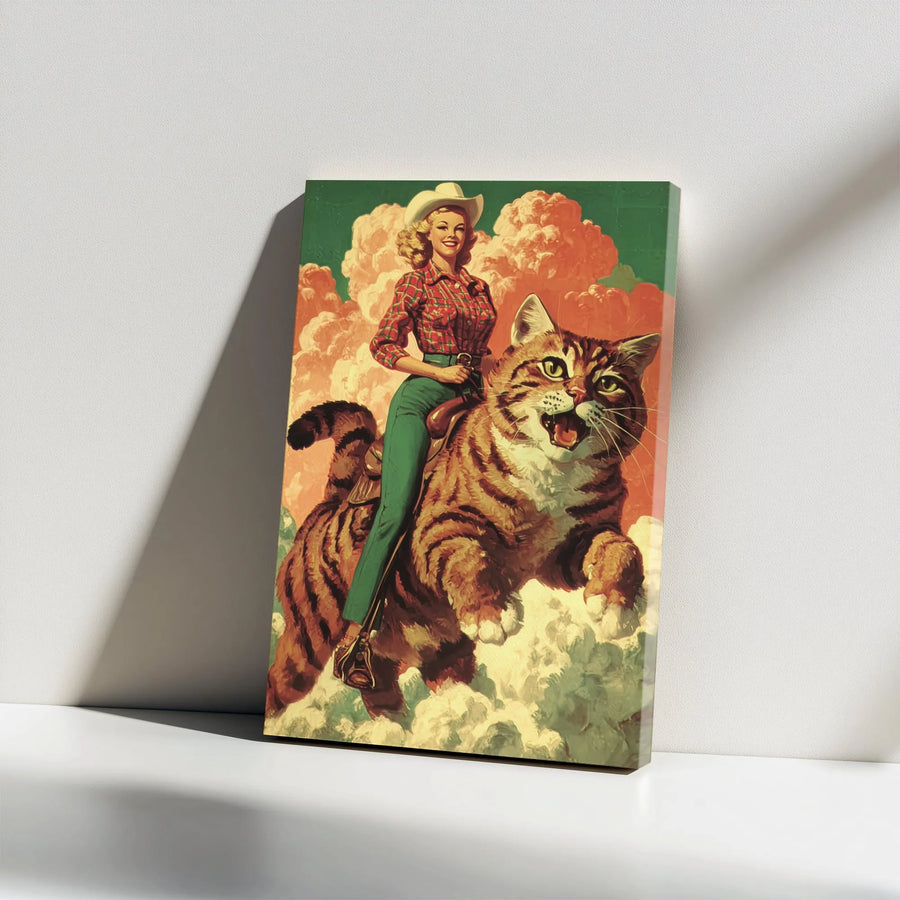 Vintage Pin-Up Cowgirl Canvas Art | Giant Tabby Cat Riding Whimsical Western Wall Decor | 1.25" Gallery Wrap Premium Print | Unique Gift for Cat Lovers