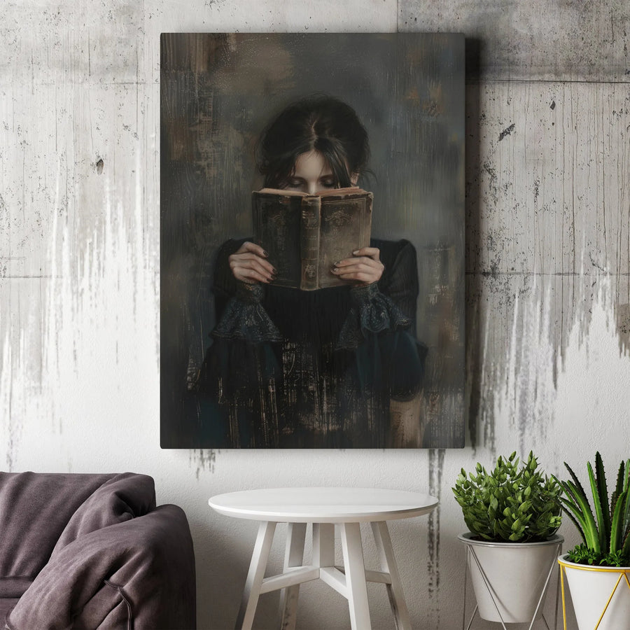 Dark Academia Woman Reading Canvas | Vintage Book Aesthetic Portrait | Gallery Quality Fade-Resistant Wall Art | Premium Decor for Book Lovers