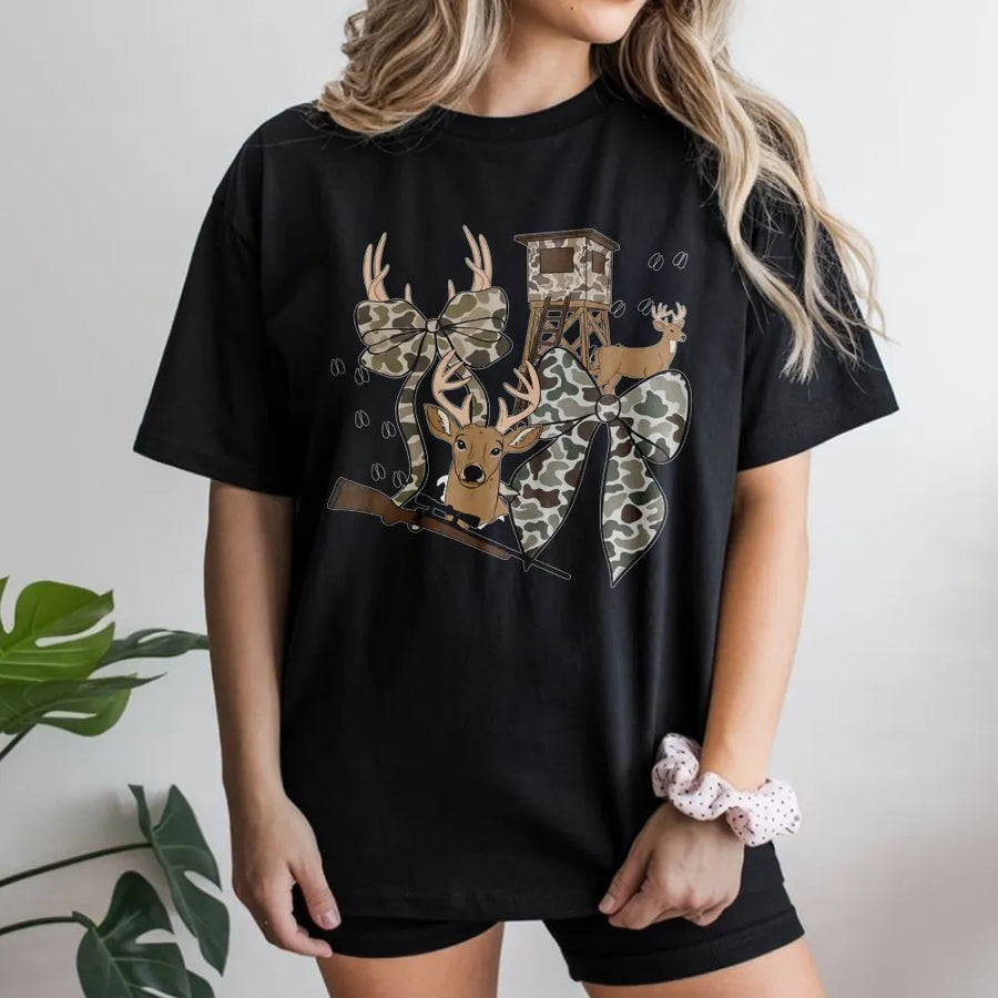 Deer Hunting T-Shirt | Camo Bow Graphic Tee | Premium 100% Cotton Apparel | Outdoor Wildlife Hunter Gift for Men and Women