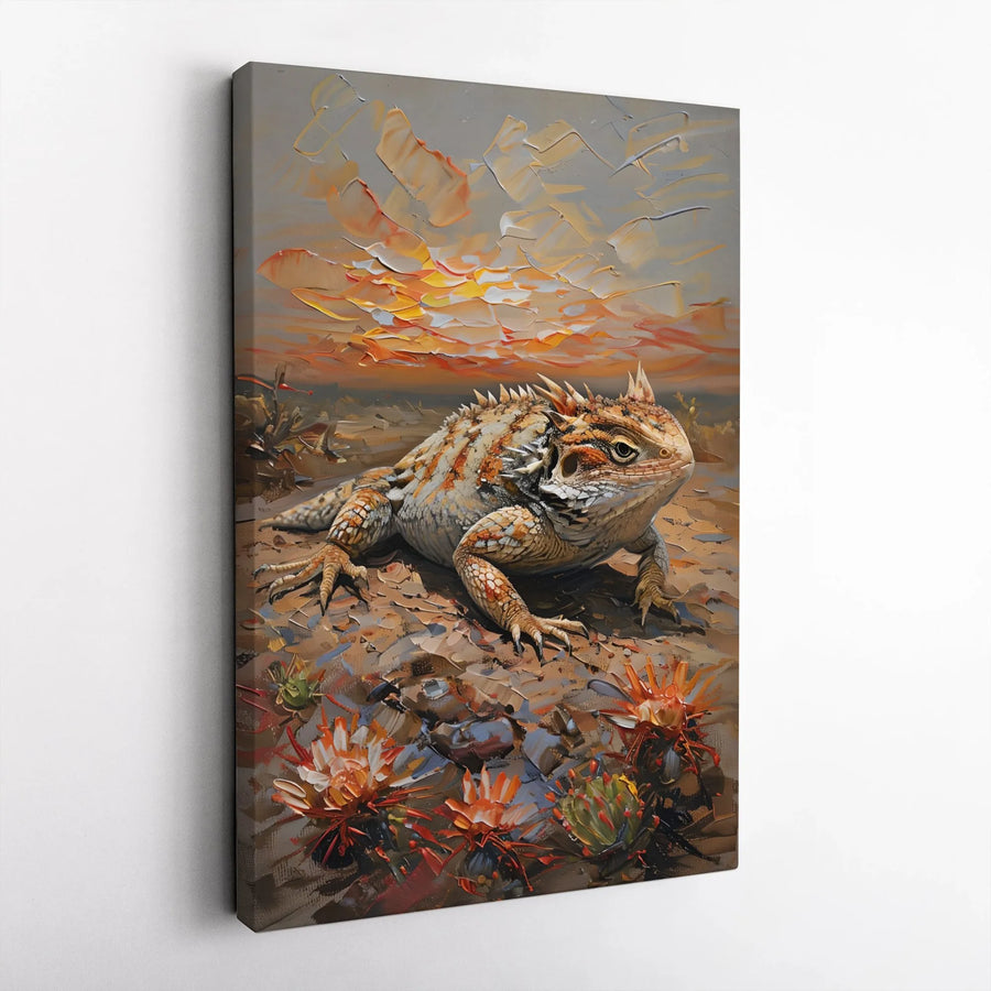 Horned Lizard Wall Art | Desert Sunset Impasto Oil Painting | Premium Gallery Wrap Canvas | Southwest Nature Home Decor Gift
