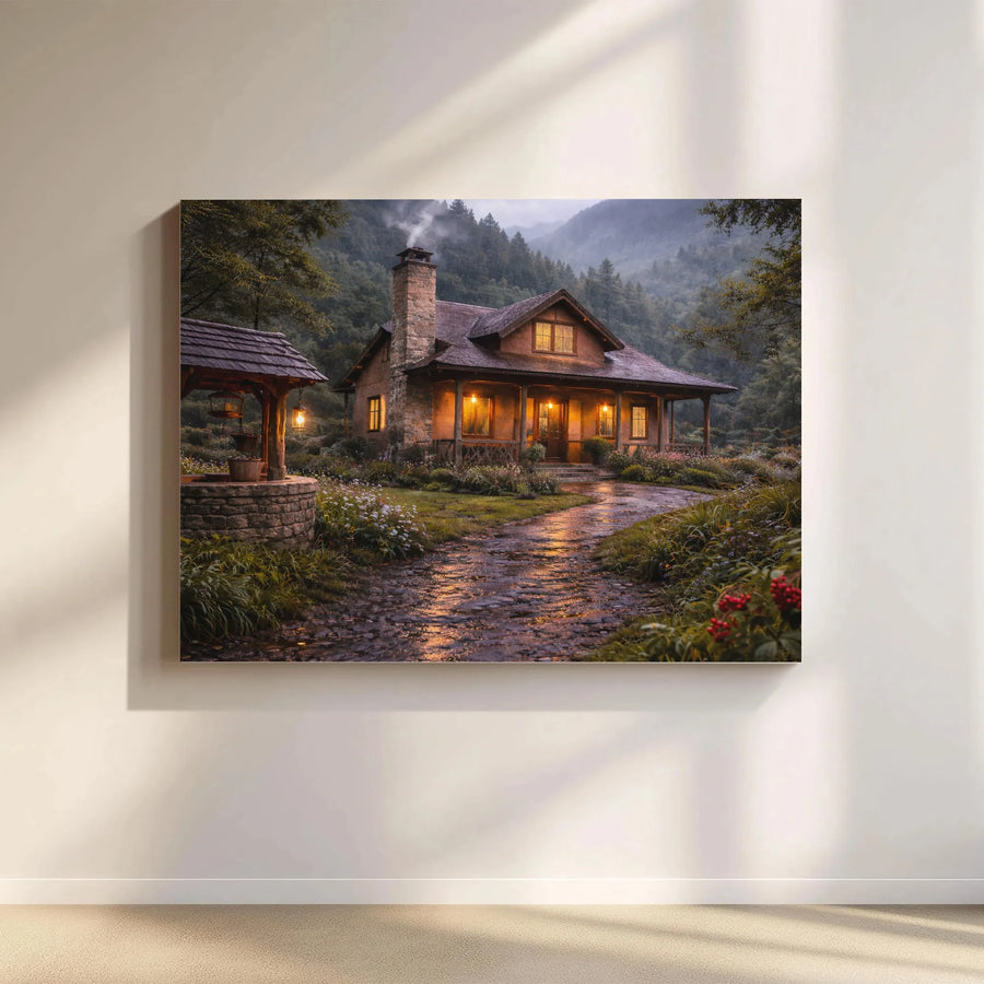 Rustic Forest Cabin Canvas Wall Art | Cozy Mountain Retreat at Dusk | Premium Matte Canvas Print | Living Room & Home Decor Gift
