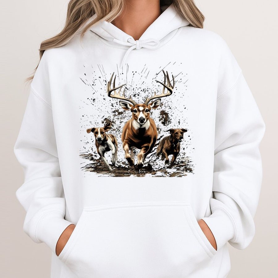 Hound Dog Deer Hunting Hoodie | Running Buck & Tracking Hounds Graphic | Premium Cotton Blend | Gift For Hunter & Outdoorsman