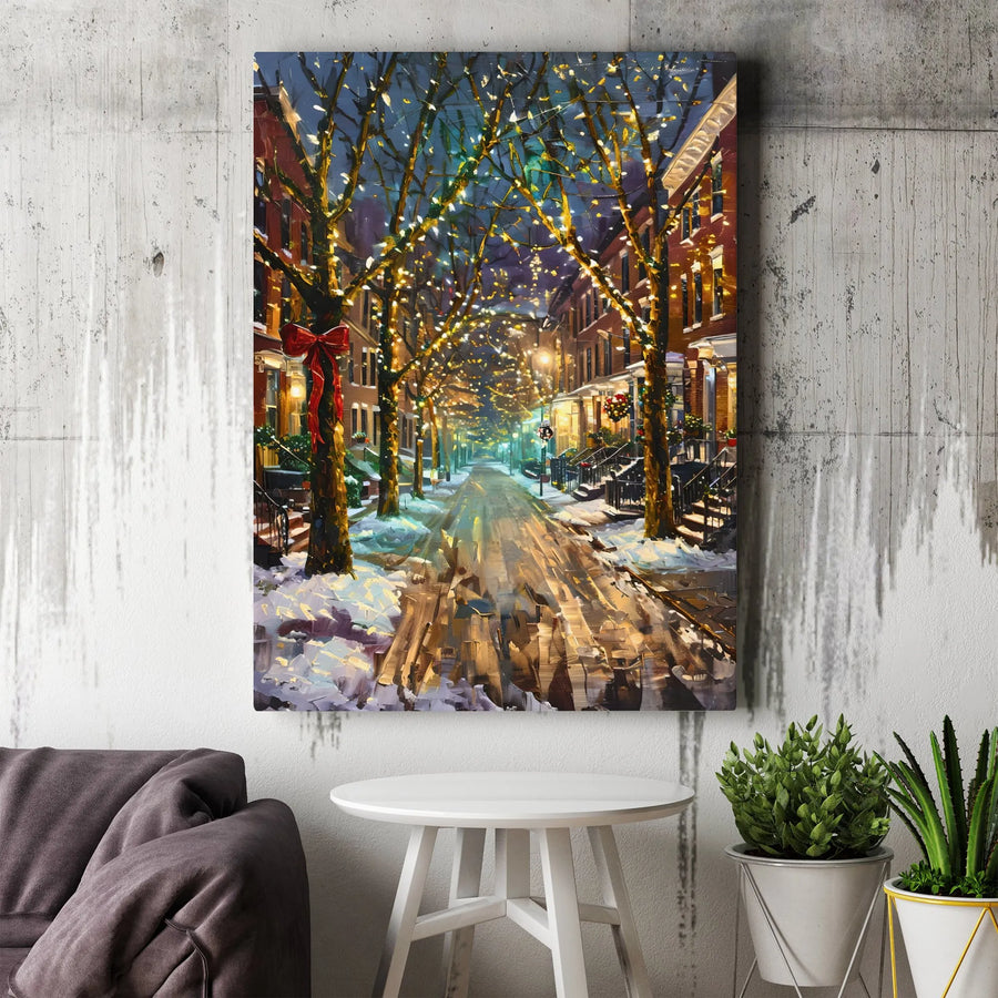 Snowy City Street Canvas Art | Impressionist Christmas Lights Wall Decor | Premium 1.25 Inch Gallery Wrap | Winter Holiday Home Gift
