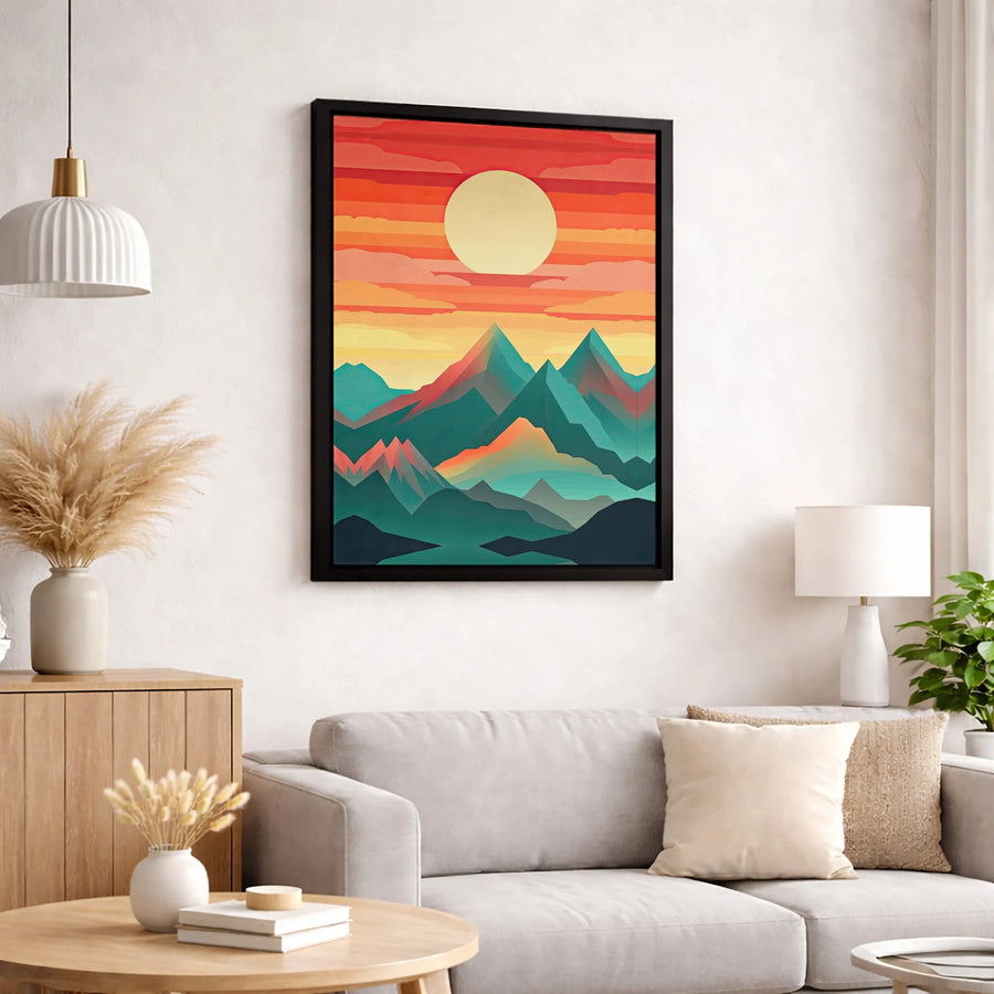 Abstract Mountain Sunset Canvas Wall Art | Geometric Landscape Print | Premium 1.25 Inch Gallery Wrap | Modern Home Office Decor Gift