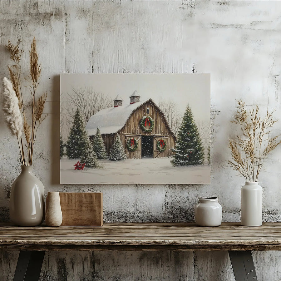 Snowy Christmas Barn Canvas Wall Art | Rustic Winter Farmhouse Decor | Premium Gallery Wrap Print | Festive Holiday Home Gift