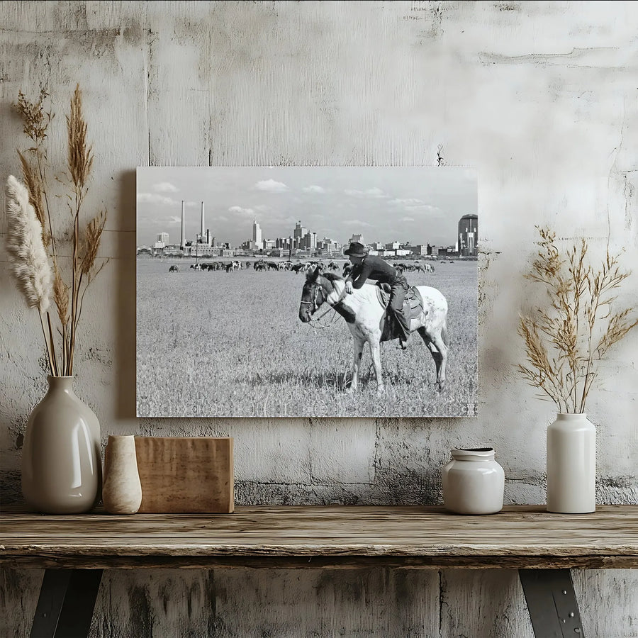 Western Cowboy Canvas Print | Vintage City Skyline Cattle Farm Art | Premium 1.25 Inch Gallery Wrap | Rustic Home & Office Wall Decor