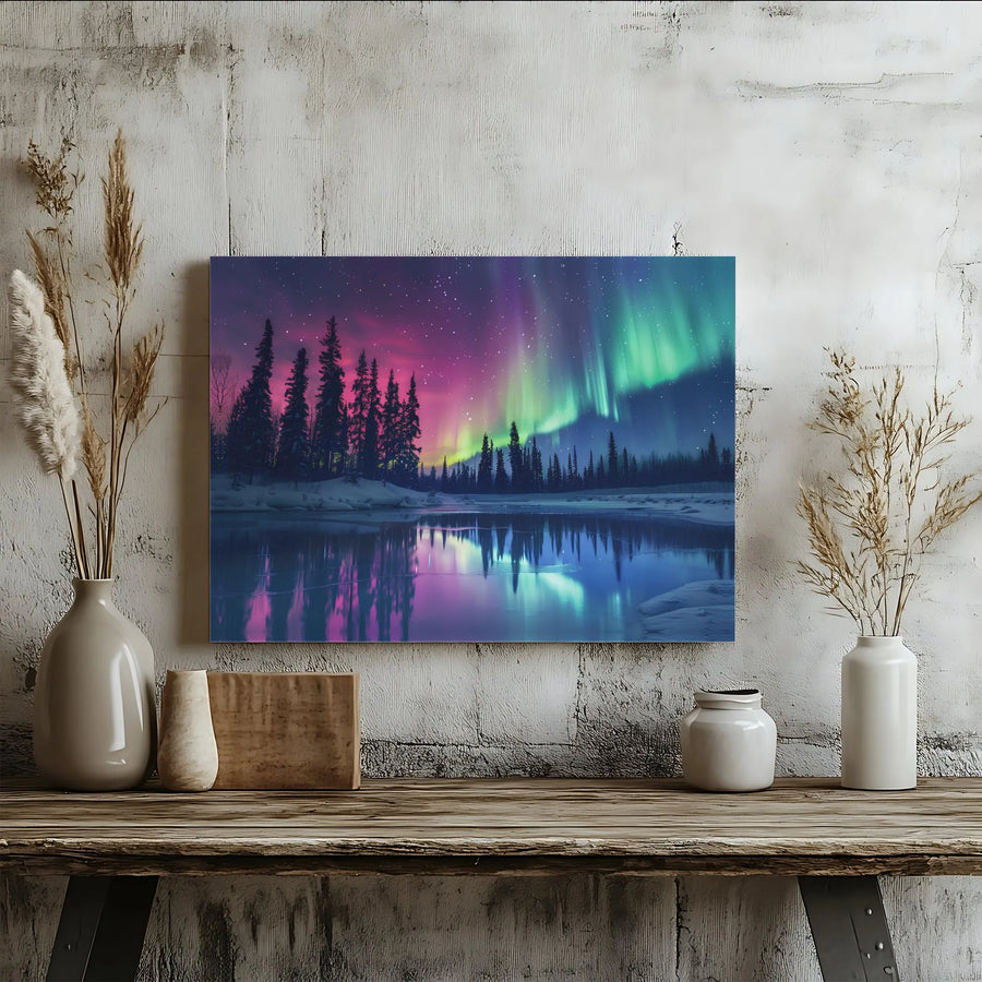 Northern Lights Canvas Wall Art | Aurora Borealis Winter Landscape with Lake Reflection | Premium Gallery Wrapped Print | Living Room & Bedroom Decor Gift