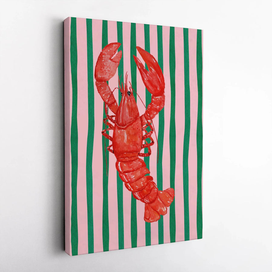 Lobster Canvas Wall Art | Preppy Coastal Design on Pink and Green Stripes | Premium Gallery Wrap | Unique Beach House & Kitchen Decor Gift