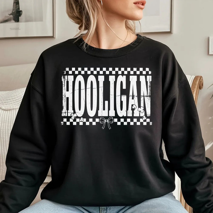 Hooligan St. Patricks Day Sweatshirt | Retro Checkerboard Shamrock Graphic | Premium Cotton Blend Crewneck | Irish Gift for Women & Men