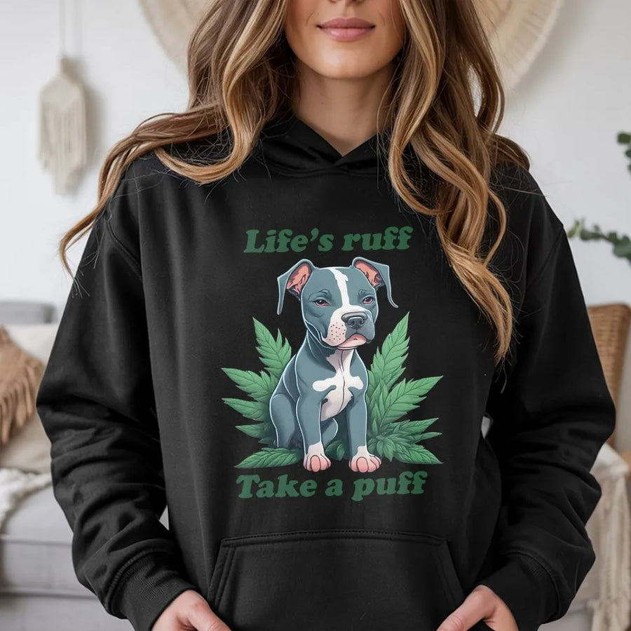 Funny Pitbull Hoodie | Life's Ruff Take a Puff Graphic Crewneck | Soft Cotton Blend | Unique Stoner Gift for Dog Dad
