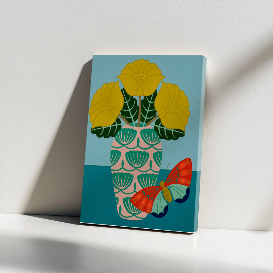 Modern Floral Still Life Canvas | Colorful Butterfly and Yellow Flowers Print | Premium Gallery Wrapped Canvas | Boho Living Room Decor Gift