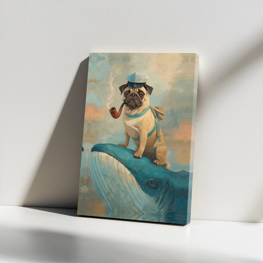 Sailor Pug and Whale Canvas Art | Whimsical Nautical Dog Painting | Premium Gallery Wrap Canvas | Unique Gift for Dog Lover