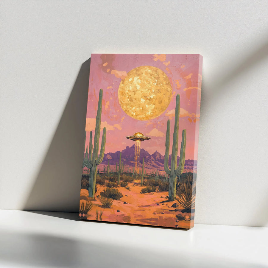 UFO Desert Canvas Wall Art | Retro Sci-Fi Arizona Desert Scene | Premium Frameless Print | Unique Gift for Sci-Fi Fans