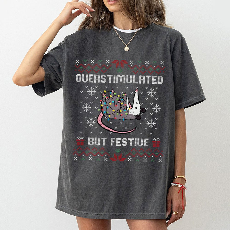 Overstimulated But Festive Opossum T-Shirt | Funny Ugly Christmas Sweater Style Graphic | 100% Cotton Premium Tee | Unique Holiday Gift for Animal Lovers
