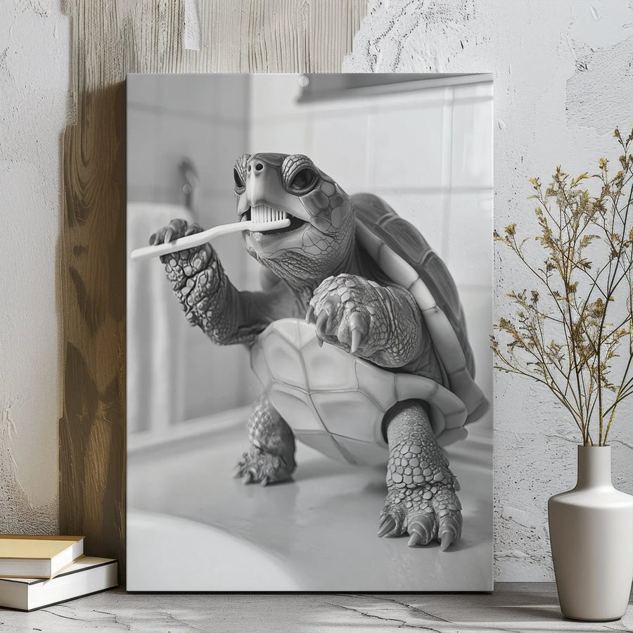 Funny Turtle Wall Art | Bathroom Decor Brushing Teeth Print | Premium Gallery Wrap Canvas | Unique Animal Lover Gift