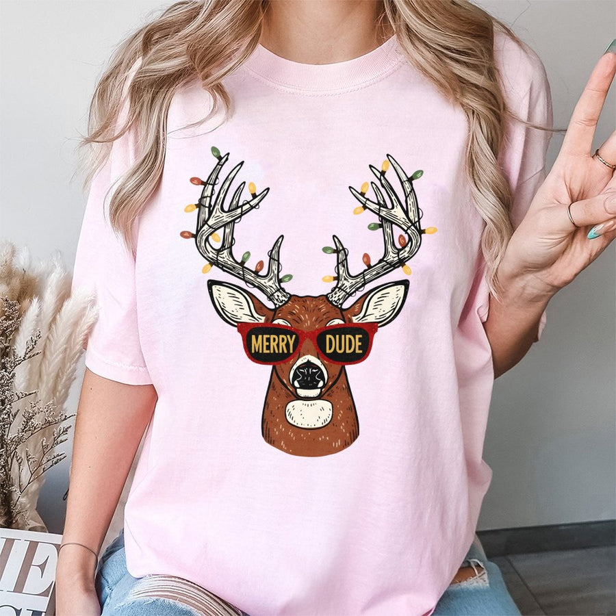 Merry Dude Deer T-Shirt | Funny Reindeer Christmas Graphic | Premium 100% Cotton Tee | Retro Holiday Hunting Gift For Men And Women