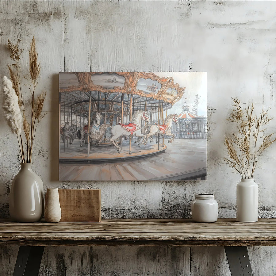 Vintage Carousel Canvas Print | White Horse Fairground Sketch | Gallery Quality Wall Art | Nostalgic Nursery and Home Decor Gift