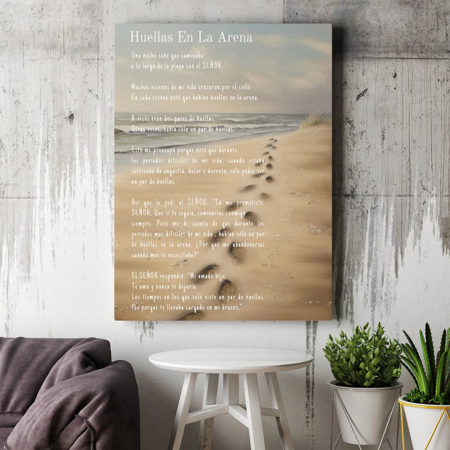 Huellas En La Arena Spanish Canvas Wall Art | Footprints In The Sand Religious Poem | Premium Gallery Wrapped | Christian Home Decor Gift