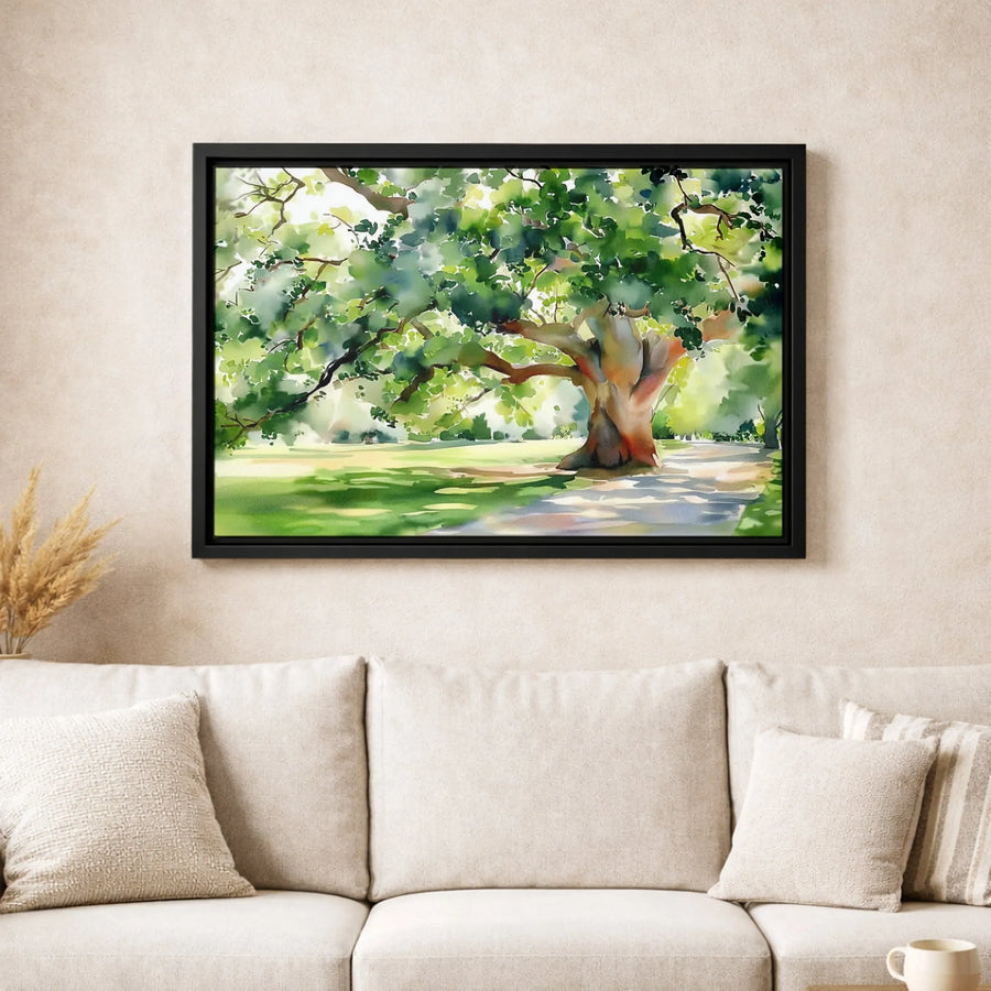 Large Oak Tree Canvas Print | Watercolor Park Landscape Art | Premium Fade-Resistant Wall Decor | Nature-Inspired Gallery Gift for Home Office