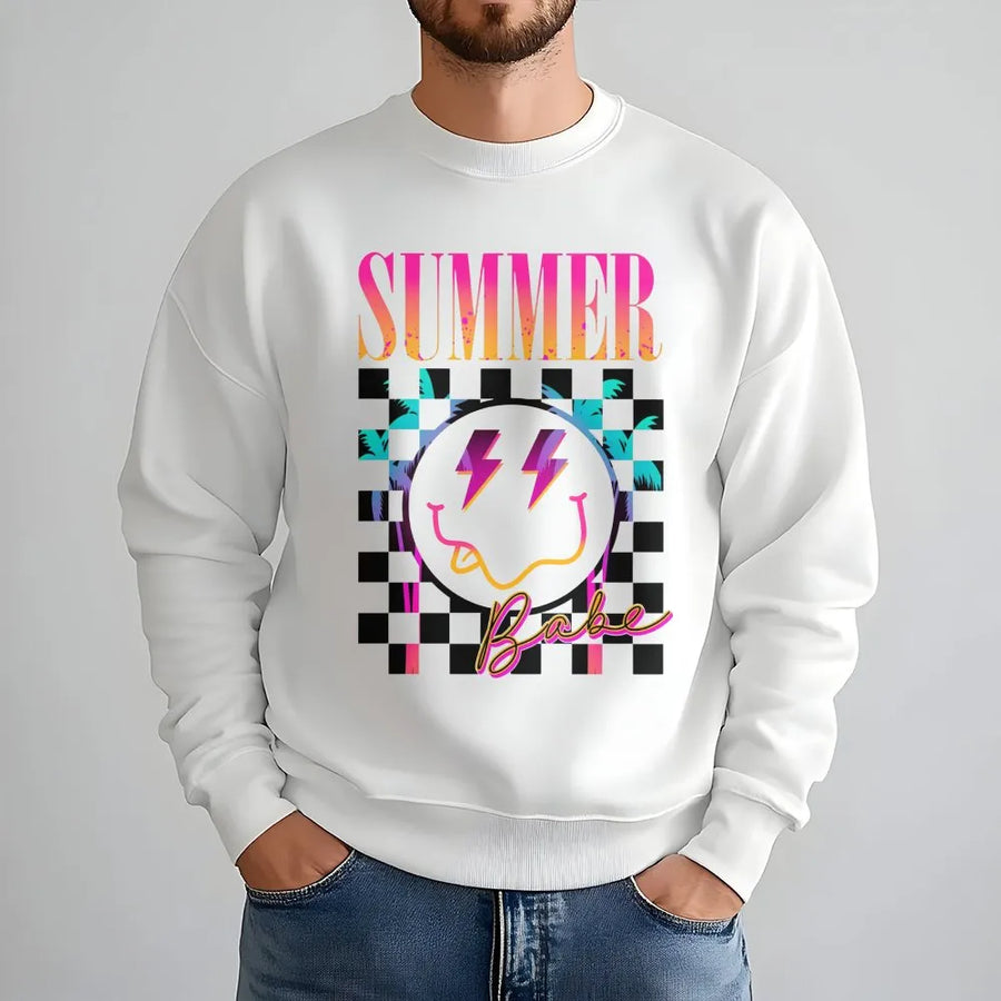 Summer Babe Sweatshirt | Retro 80s Checkerboard Smiley Face | Soft Cotton Blend | Trendy Preppy Gift for Women