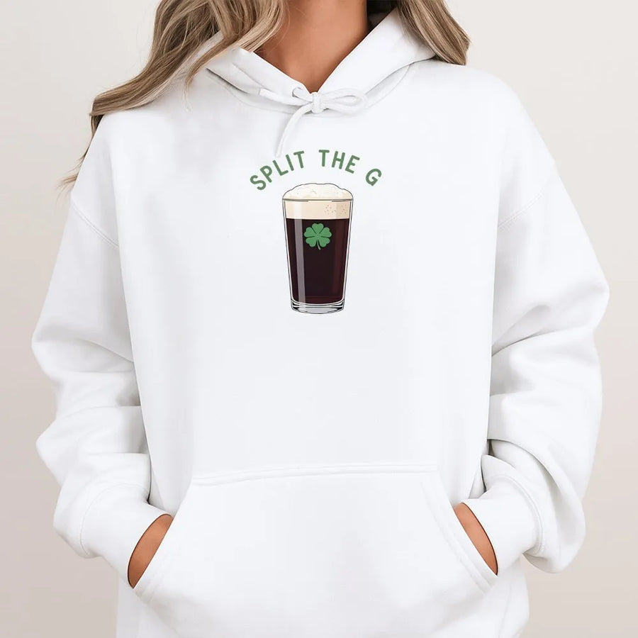 Split The G Hoodie | St Patrick's Day Beer Graphic | Cotton-Poly Premium Pullover | Funny Irish Pub Gift for Men & Women
