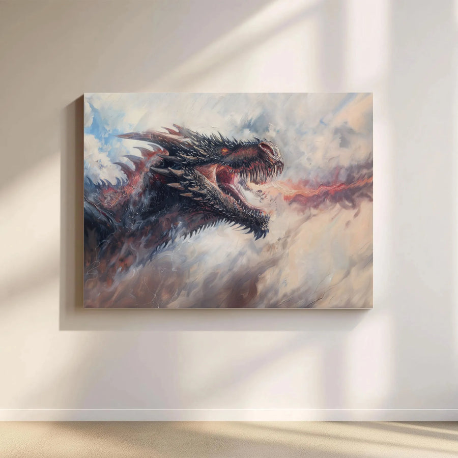 Black Dragon Canvas Art | Ferocious Fire Breathing Fantasy Beast | Premium Gallery-Wrapped Print | Wall Decor Gift for Gamers and Collectors