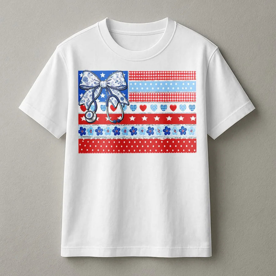 Patriotic Nurse T-Shirt | American Flag Coquette Bow Graphic | Soft Cotton Blend Sweatshirt | 4th of July Gift for RN LPN