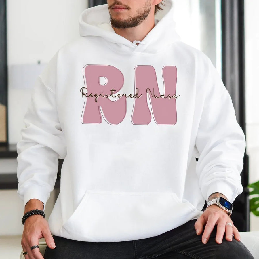 Registered Nurse Hoodie | Retro RN Pink Graphic Lettering | Premium Cotton-Blend Comfort | Nursing Student & Healthcare Worker Gift