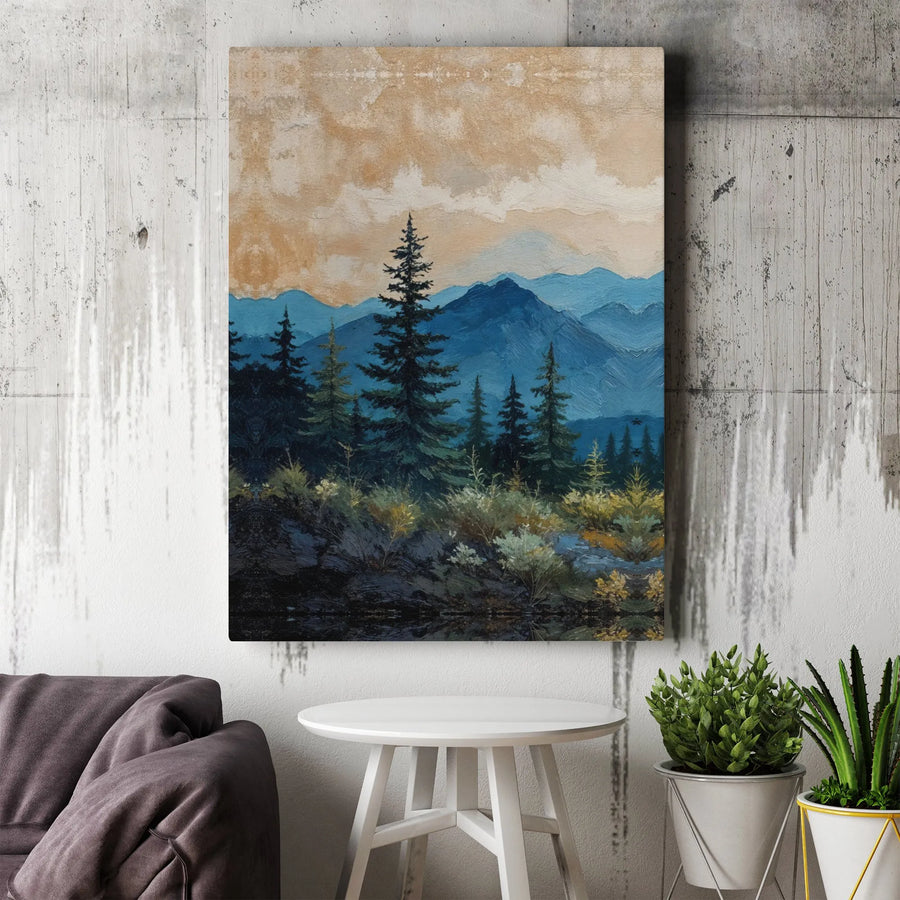 Mountain Landscape Canvas Wall Art | Rustic Pine Forest Oil Painting Print | Premium Gallery Wrapped Canvas | Nature Inspired Living Room Decor Gift