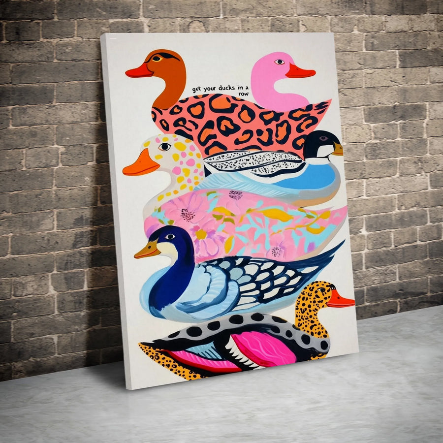 Get Your Ducks In A Row Vertical Canvas | Maximalist Pop Art Duck Print | Premium Gallery Wrapped Canvas | Funky Home Decor Gift