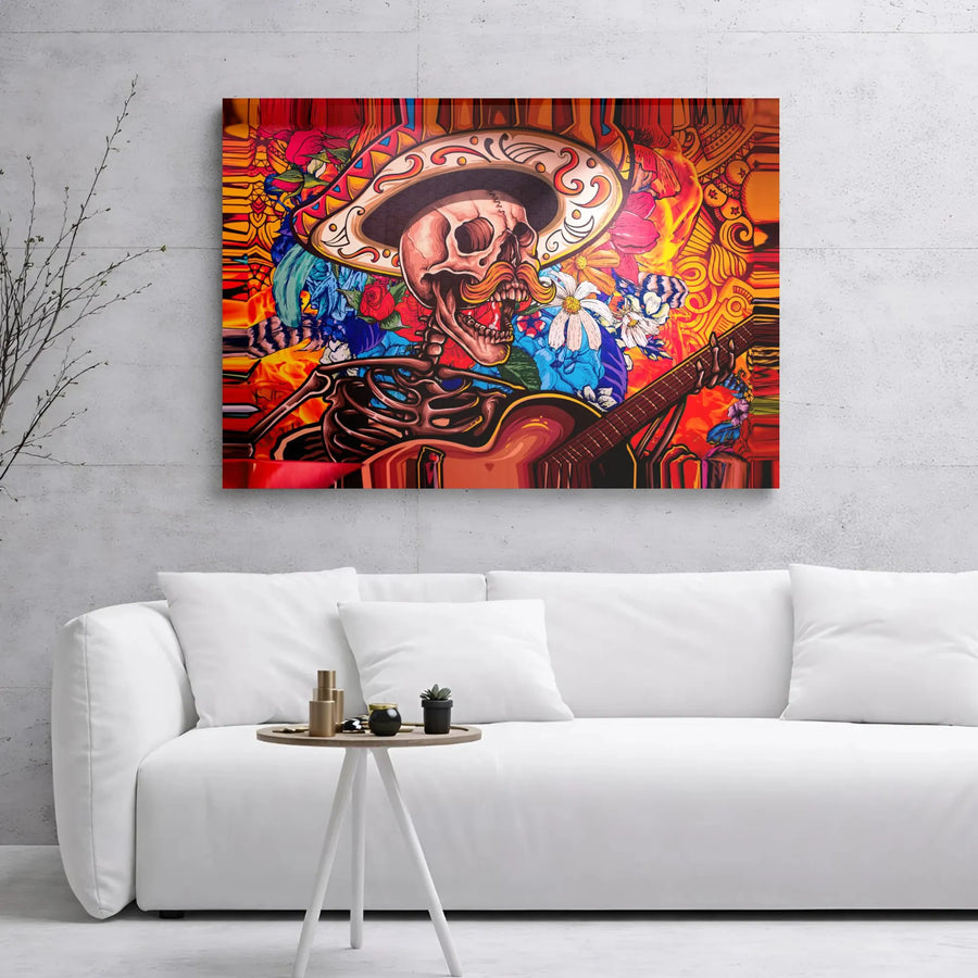 Day Of The Dead Canvas Art | Mariachi Skeleton Playing Guitar | 1.25" Premium Gallery Wrap | Dia De Los Muertos Wall Decor Gift