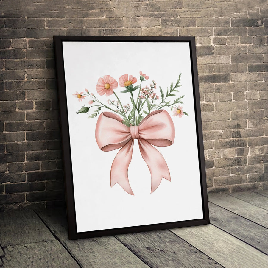 Pink Wildflower Bouquet Canvas Art | Watercolor Floral Print with Ribbon Bow | Premium Gallery Wrapped Wall Decor | Aesthetic Home Office Gift