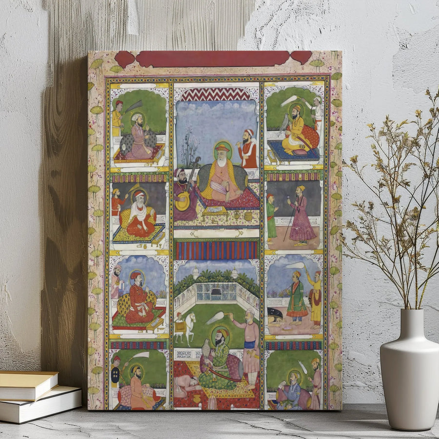 Ten Sikh Gurus Canvas Print | Traditional Indian Miniature Painting | Premium Gallery Wrapped Wall Art | Religious Home Decor Gift for Devotees