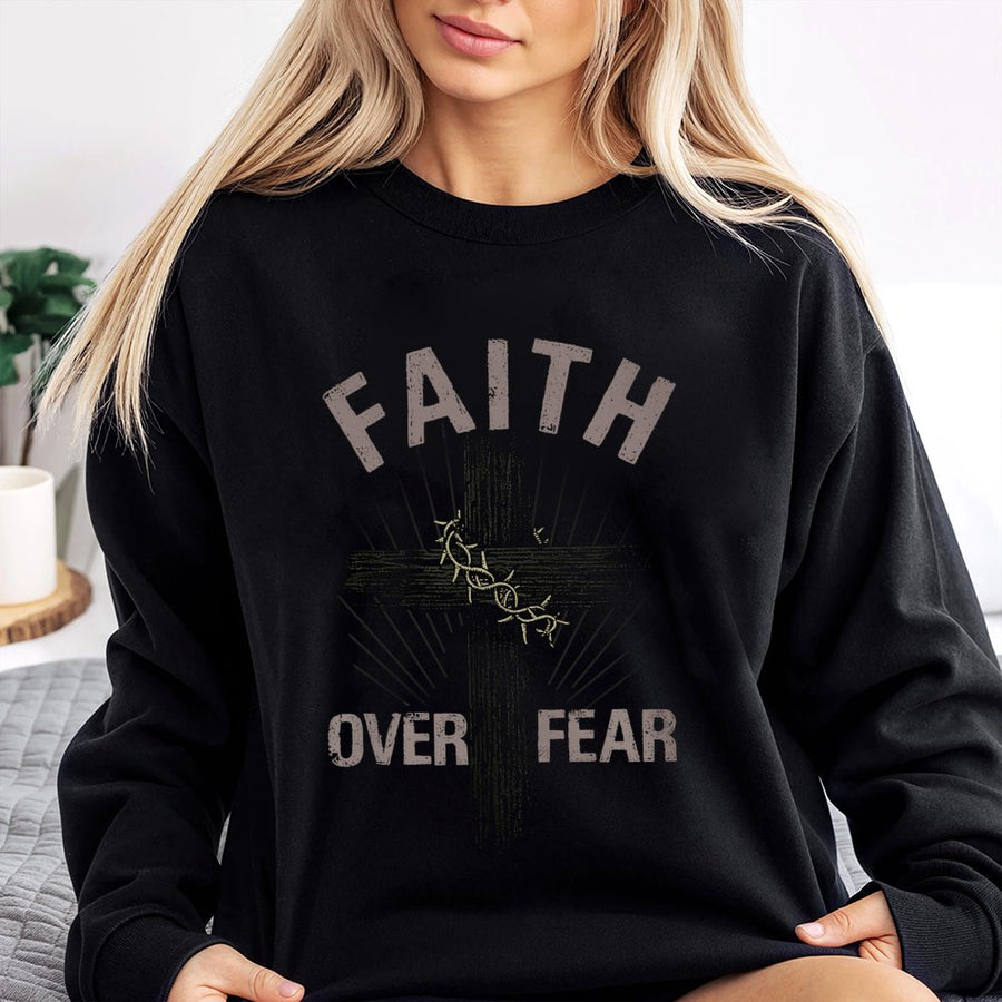 Faith Over Fear Sweatshirt | Christian Cross Graphic With Crown Of Thorns | Premium Cotton Blend | Religious Gift For Men And Women
