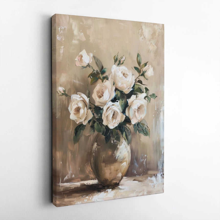 White Rose Still Life Canvas Wall Art | Neutral Oil Painting Print | Gallery Quality 1.25" Profile | Elegant Floral Home Decor for Living Room