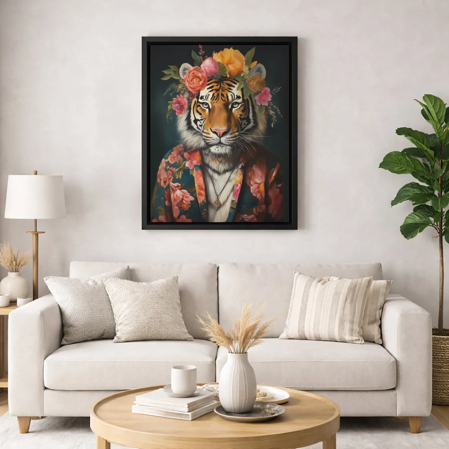 Tiger Floral Portrait Wall Art | Whimsical Animal in Flower Crown | Premium 1.25" Gallery Canvas | Unique Home & Office Decor Gift