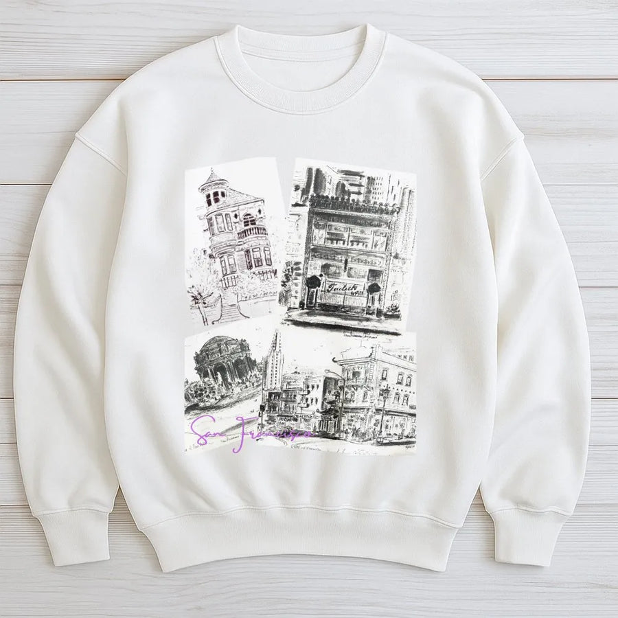 San Francisco Sweatshirt | Vintage City Landmarks Sketch Collage | Premium Cotton Blend Crewneck | Travel Souvenir Gift for SF Lovers