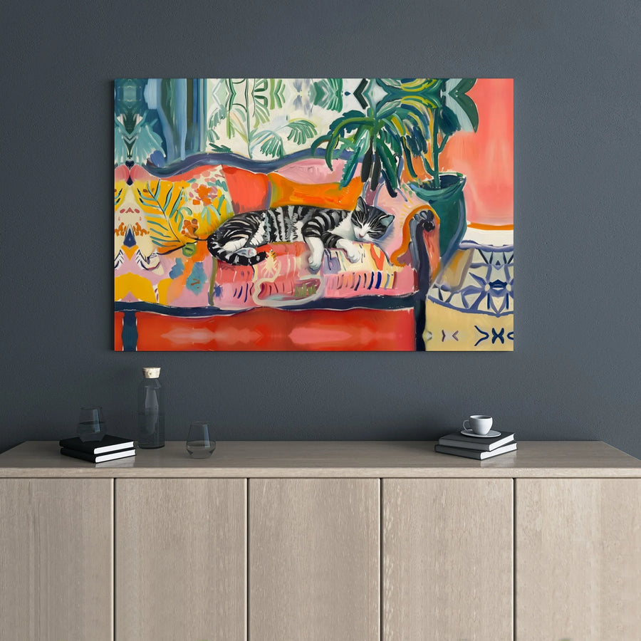 Sleeping Tabby Cat Wall Art | Colorful Matisse Style Painting | Premium Gallery Wrap Canvas | Whimsical Animal Decor Gift for Cat Lovers