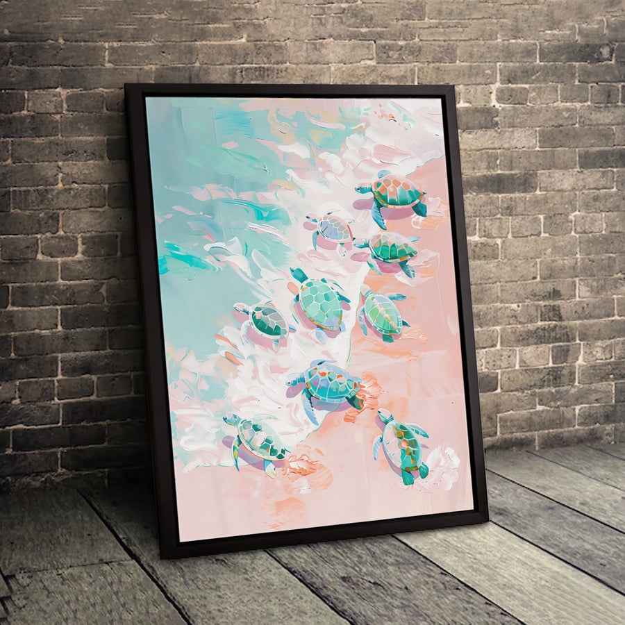 Baby Sea Turtles Canvas Wall Art | Pastel Ocean Beach Painting | Premium Gallery Wrapped Decor | Coastal Nursery Gift Idea