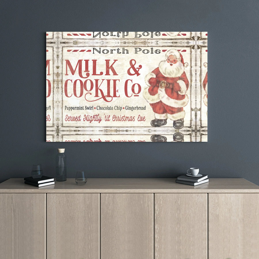 Vintage Santa Christmas Canvas Wall Art | North Pole Milk and Cookie Co Sign | 1.25 Inch Gallery Wrap | Farmhouse Holiday Home Decor Gift