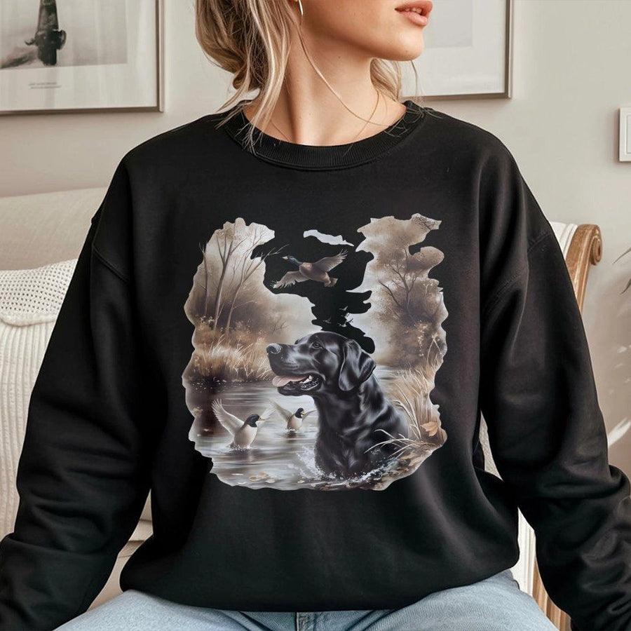 Black Labrador Sweatshirt | Watercolor Hunting Dog Mallard Ducks Art | Premium Unisex Pullover | Wildlife Nature Lover Gift