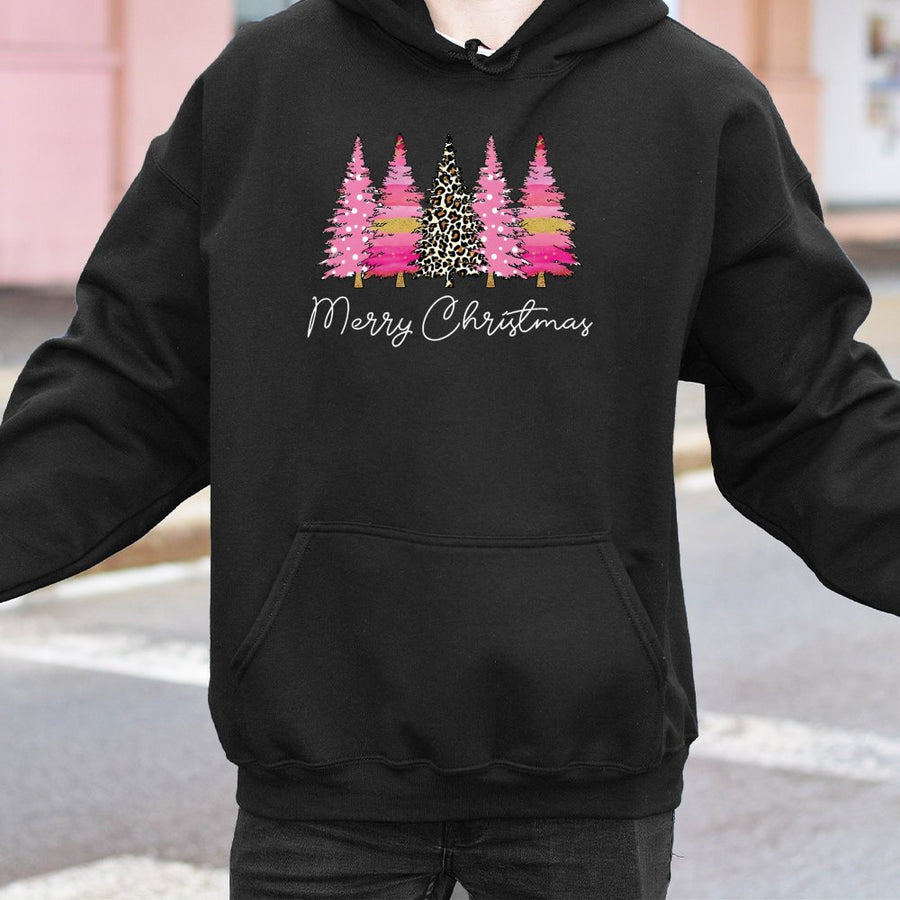 Merry Christmas Hoodie | Pink Leopard Print Tree Design | Premium Cotton-Poly Blend | Cozy Holiday Gift for Women