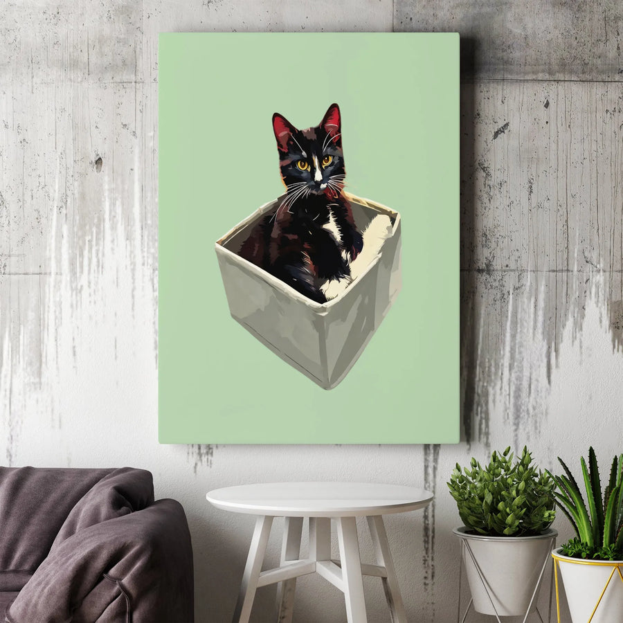 Tuxedo Cat In A Box Wall Art | Modern Minimalist Pet Portrait | Premium Fade-Resistant Canvas | Unique Gift For Cat Lovers
