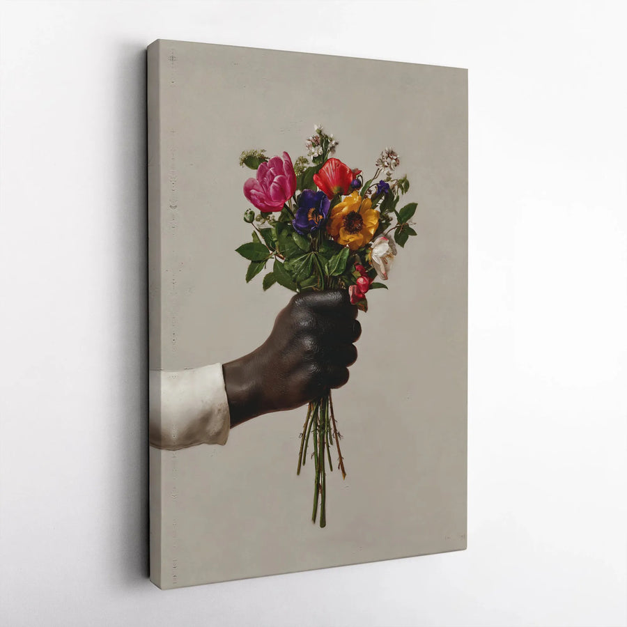 Black Art Floral Canvas Print | Hand Holding Vibrant Flower Bouquet | Premium Gallery Wrapped Canvas | Contemporary Wall Art Gift