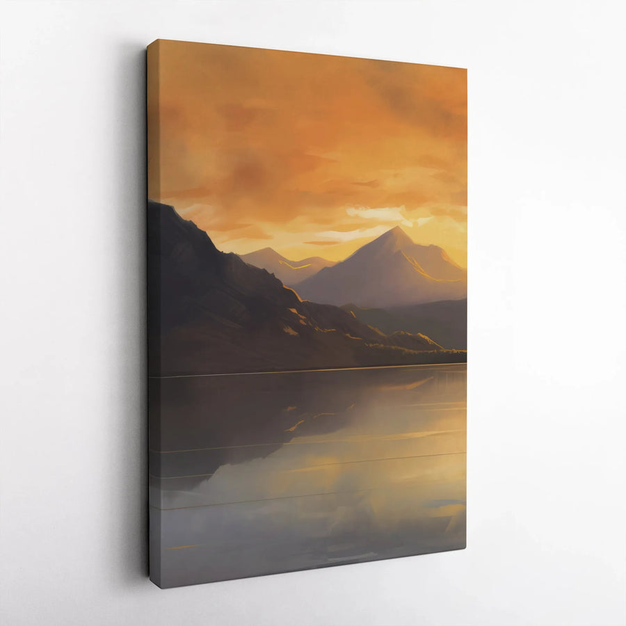 Abstract Mountain Landscape Vertical Canvas | Golden Sunset Lake Reflection | Premium Gallery Print | Modern Home Decor Gift