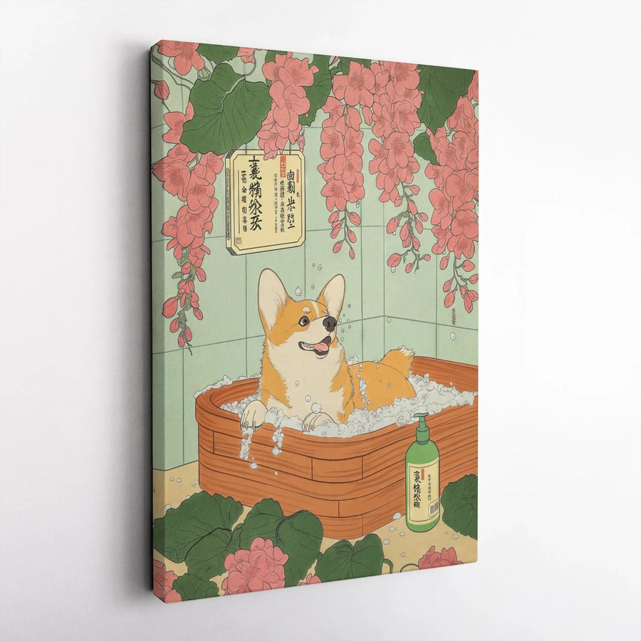 Corgi Canvas Wall Art | Japanese Ukiyo-e Style Bubble Bath Print | 1.25" Premium Gallery Wrap | Unique Dog Lover Gift Home Decor