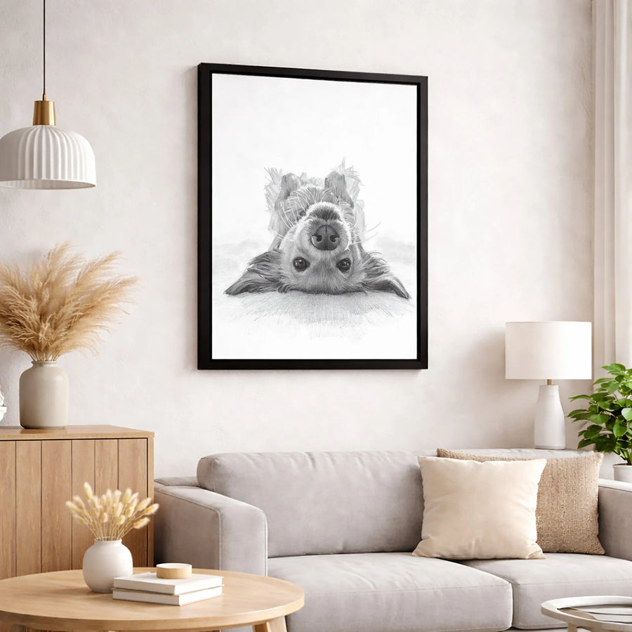 Upside Down Dog Canvas Wall Art | Playful Puppy Pencil Sketch Print | Gallery-Quality 1.25 inch Thick Frame | Cute Pet Lover Home Decor Gift