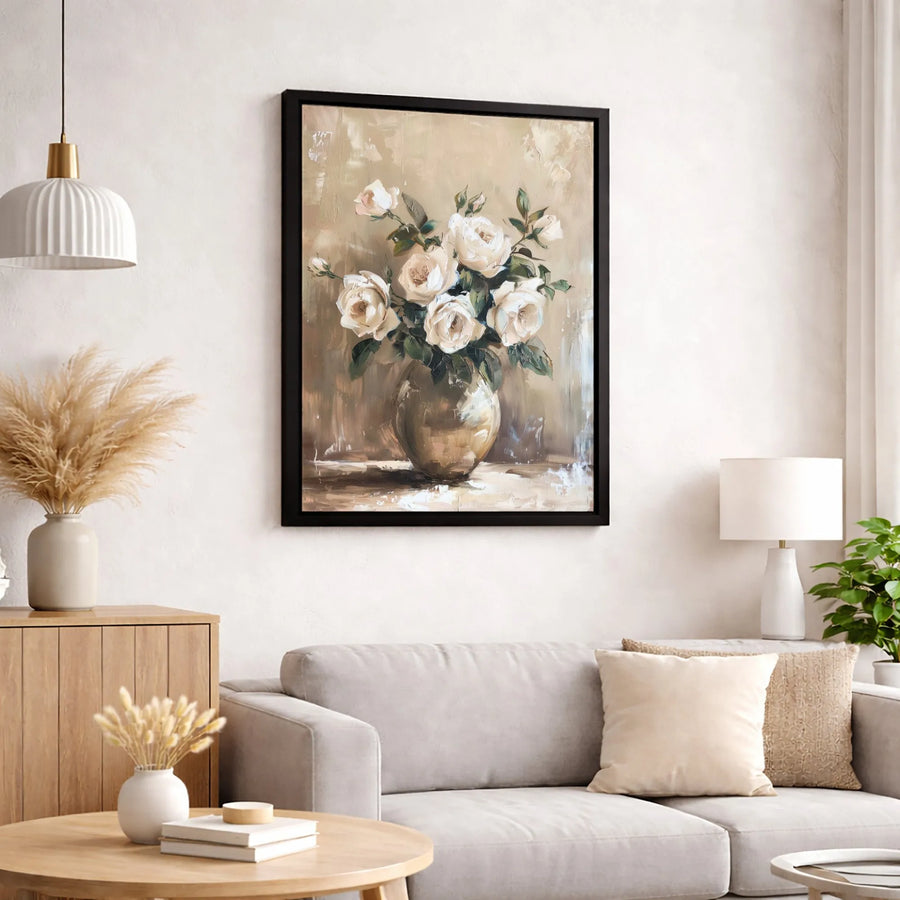 White Rose Still Life Canvas Wall Art | Neutral Oil Painting Print | Gallery Quality 1.25" Profile | Elegant Floral Home Decor for Living Room